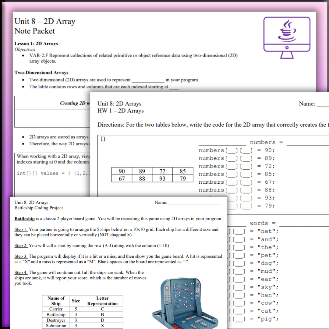 Goldie's AP® Computer Science A UNIT 8 PLANS - 2D Arrays
