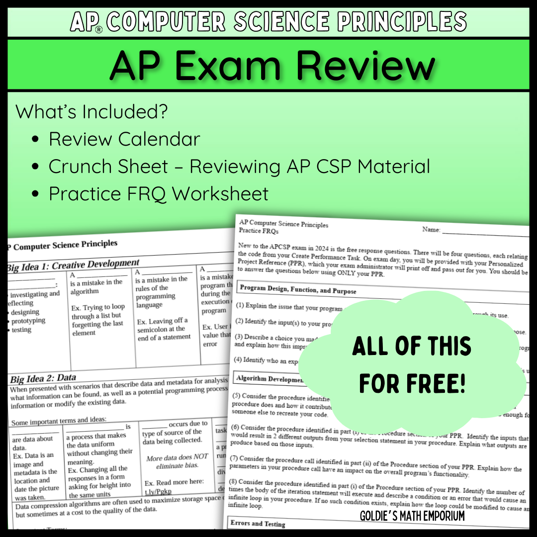 Goldie’s AP® Computer Science Principles Exam Review – FREE!!