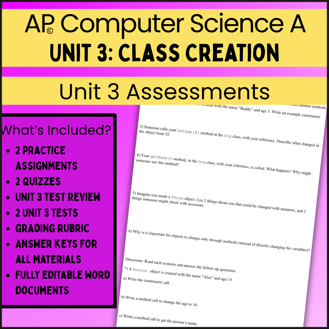 AP® CSA Unit 3: Class Creation | Goldie's Assessments