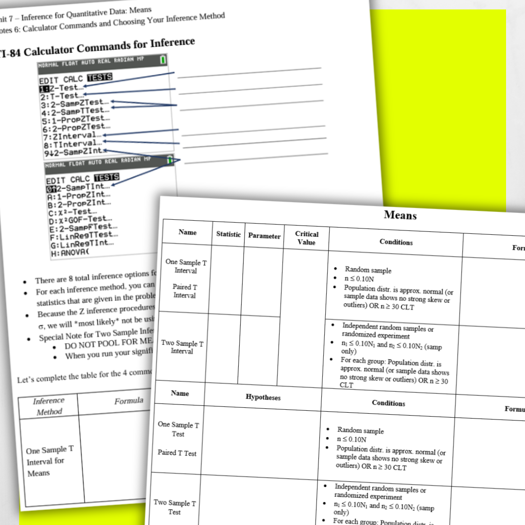 Goldie’s Unit 7 - Inference for Means - GUIDED NOTES for AP® Statistics