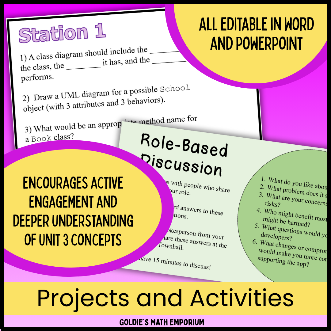 AP® CSA Unit 3: Class Creation | Goldie's Projects & Activities