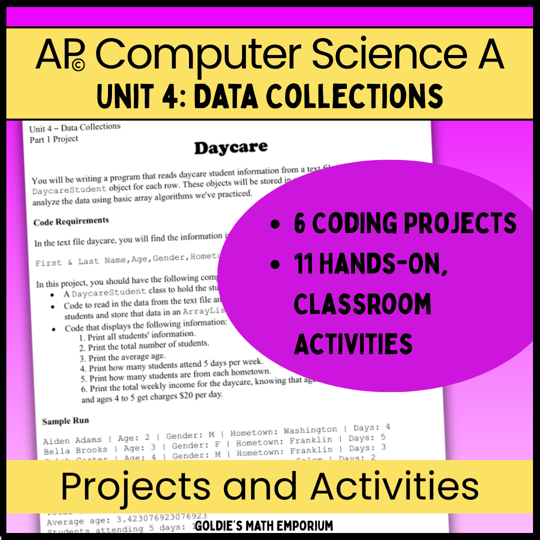 AP® CSA Unit 4: Data Collections | Goldie's Projects & Activities