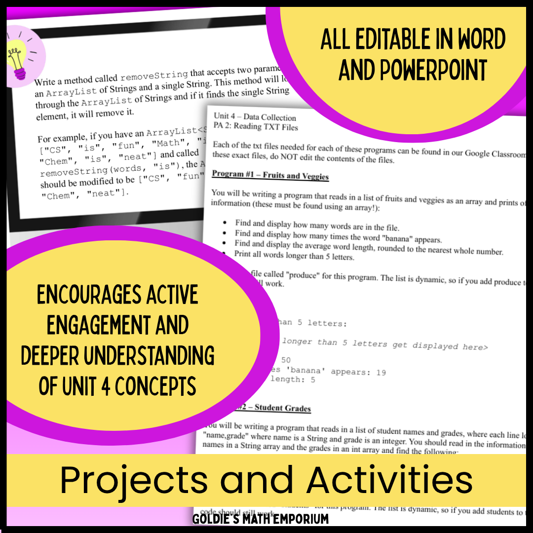 AP® CSA Unit 4: Data Collections | Goldie's Projects & Activities