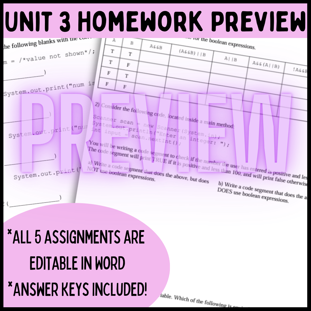 Goldie's AP® Computer Science A Unit 3: if Statements HOMEWORK