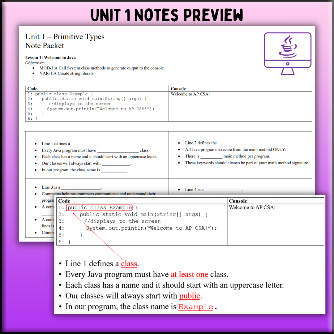 Goldie's Unit 1 GUIDED NOTES for AP® Computer Science A