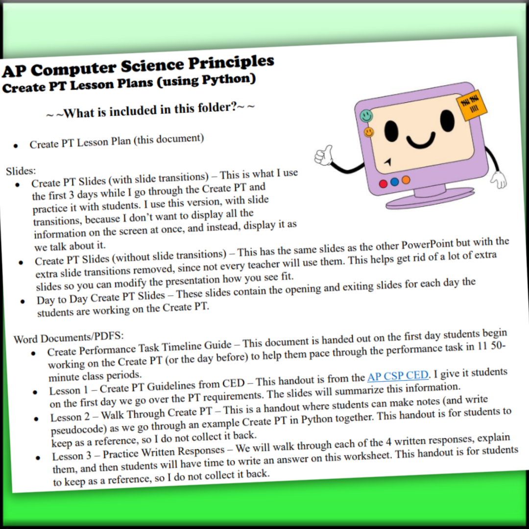 Goldie's 2025 Create Performance Task Lesson Plans for AP® CSP -- FREE
