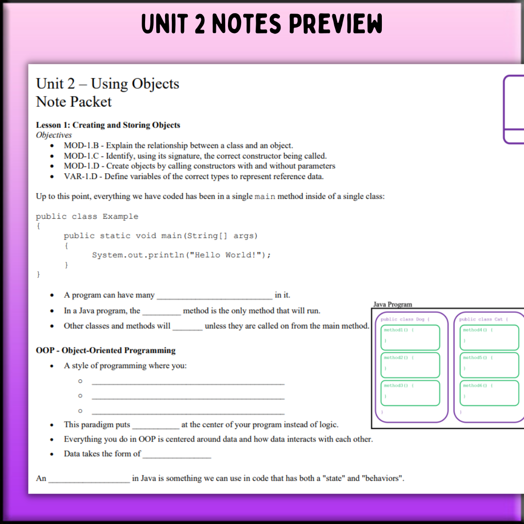 Goldie's Unit 2 GUIDED NOTES for AP® Computer Science A