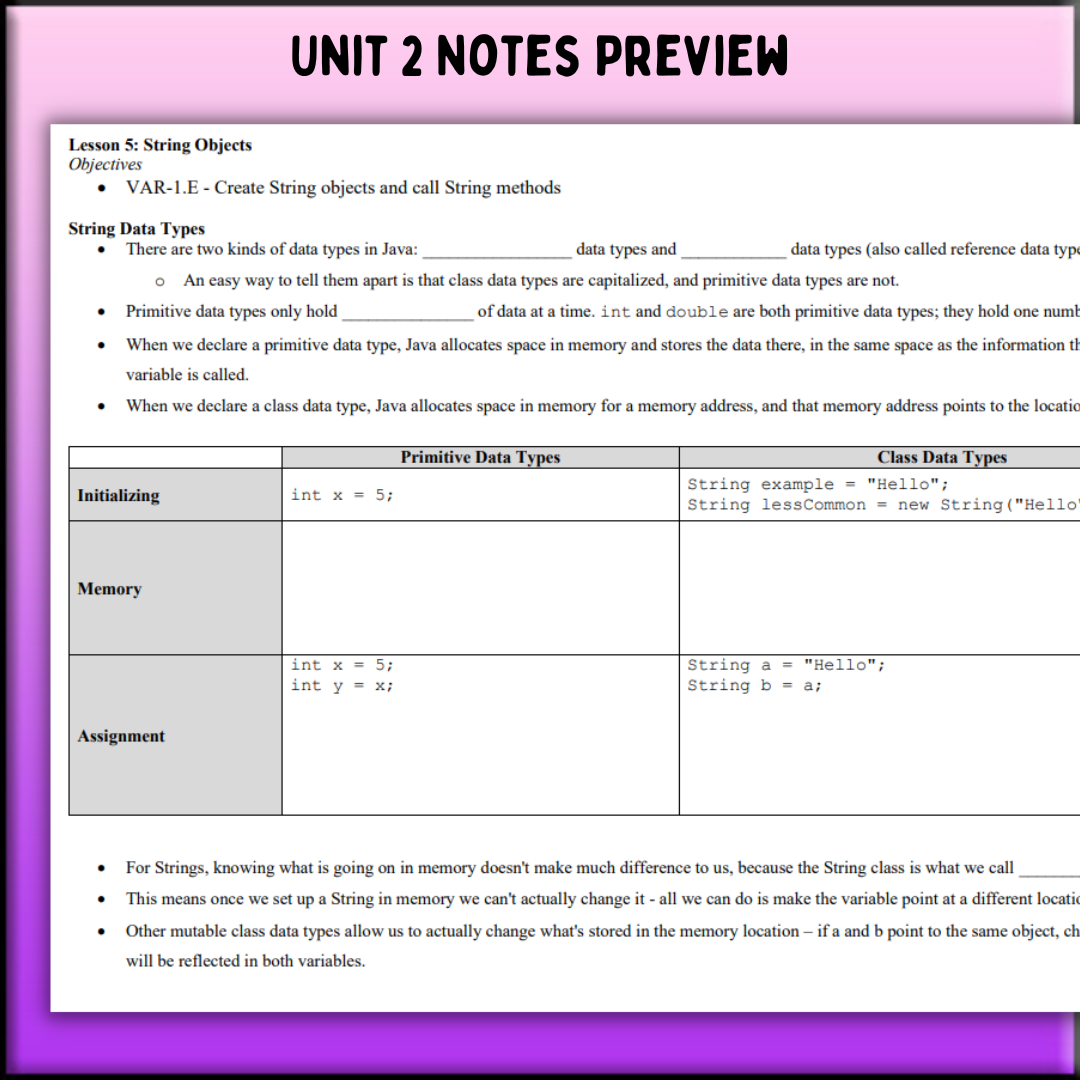 Goldie's Unit 2 GUIDED NOTES for AP® Computer Science A