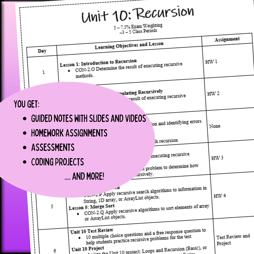 Goldie's AP® Computer Science A UNIT 10 PLANS - Recursion