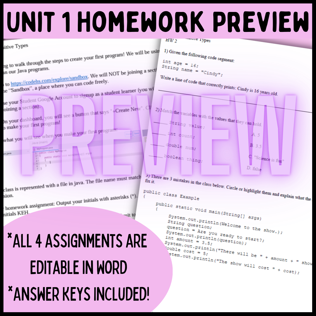 Goldie's AP® Computer Science A Unit 1: Primitive Types HOMEWORK