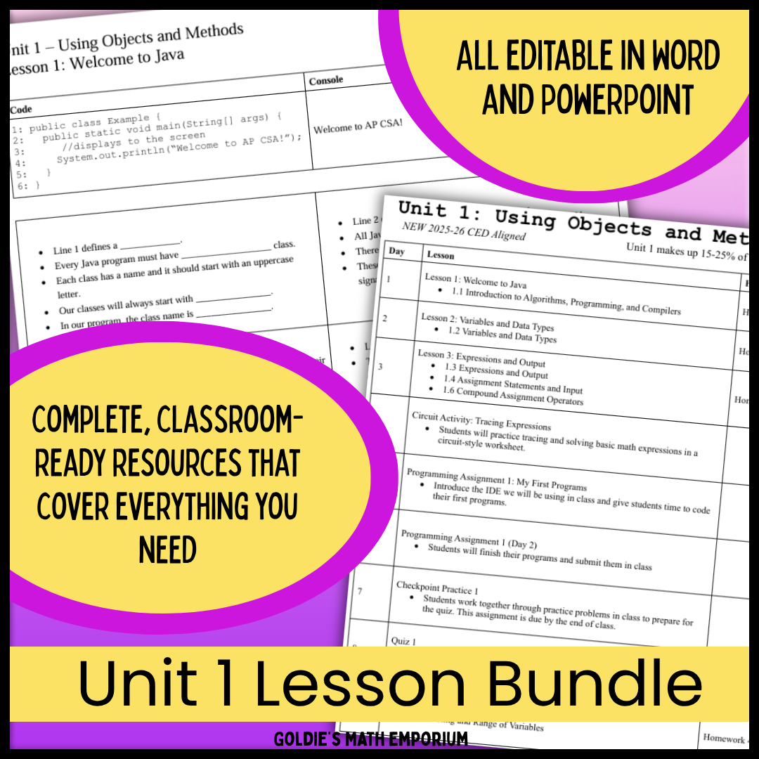 Goldie's UNIT 1 LESSON BUNDLE for AP® Computer Science A