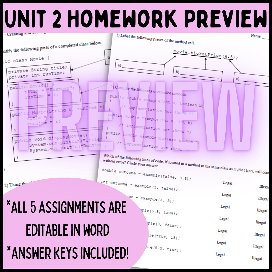 Goldie's AP® Computer Science A Unit 2: Using Objects HOMEWORK