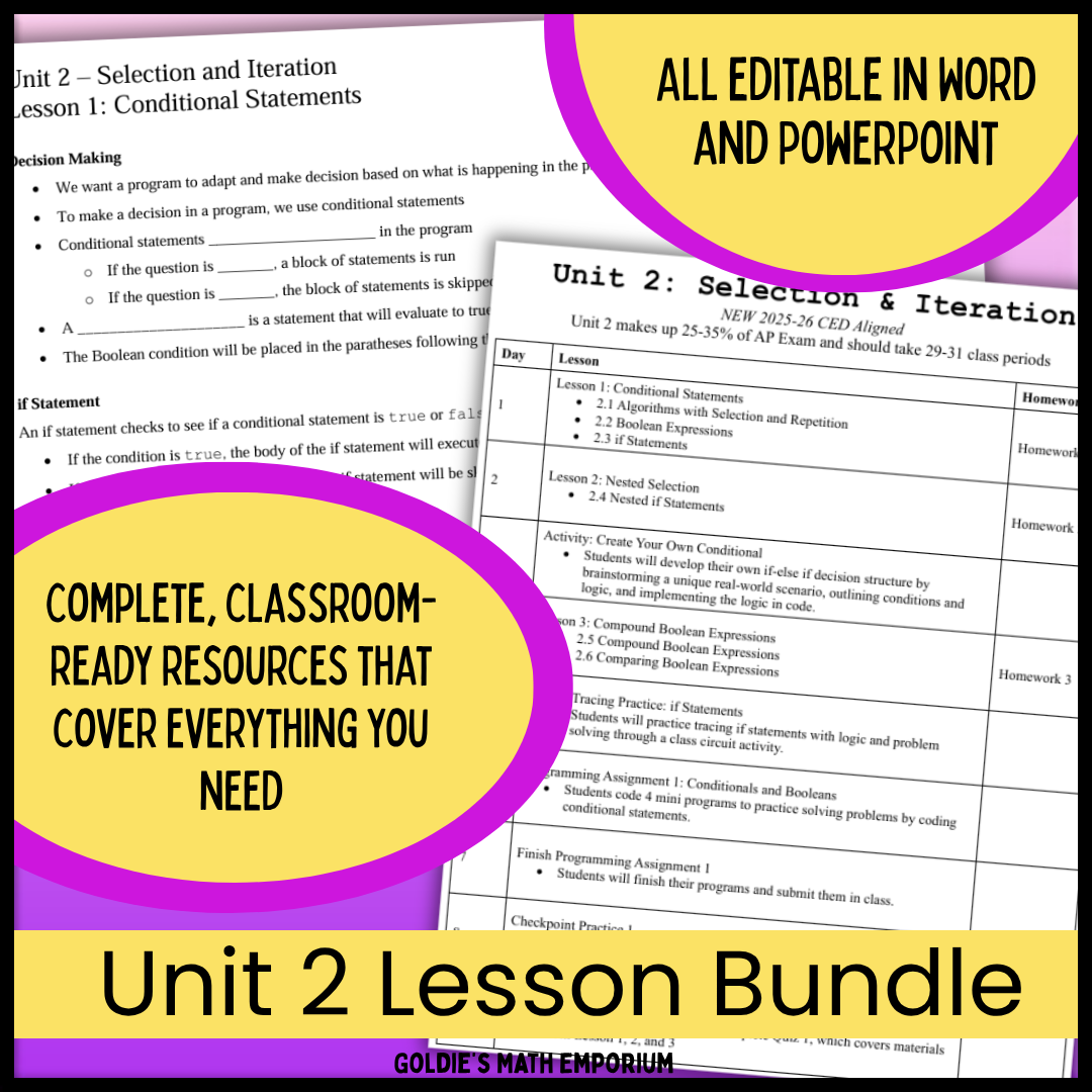 Goldie's UNIT 2 LESSON BUNDLE for AP® Computer Science A