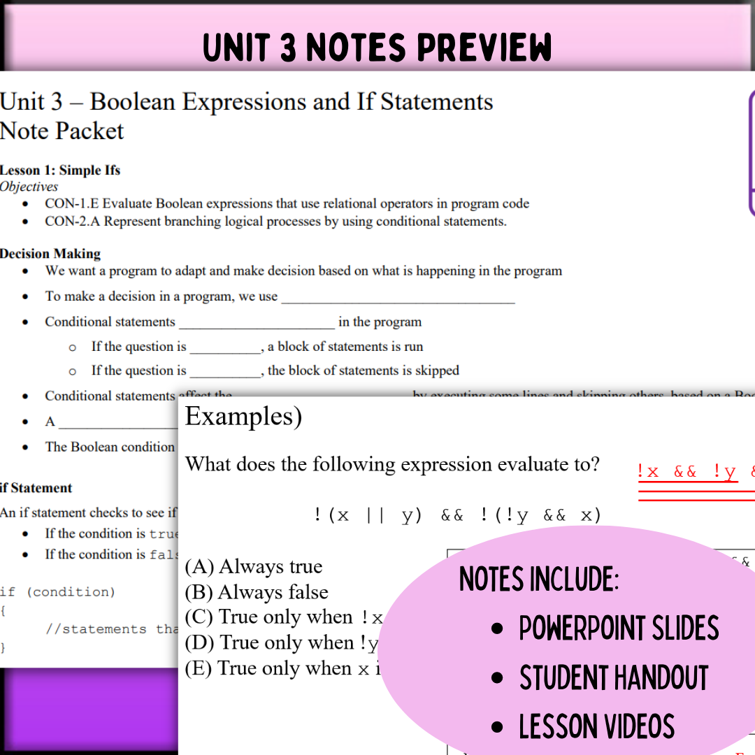 Goldie's Unit 3 GUIDED NOTES for AP® Computer Science A
