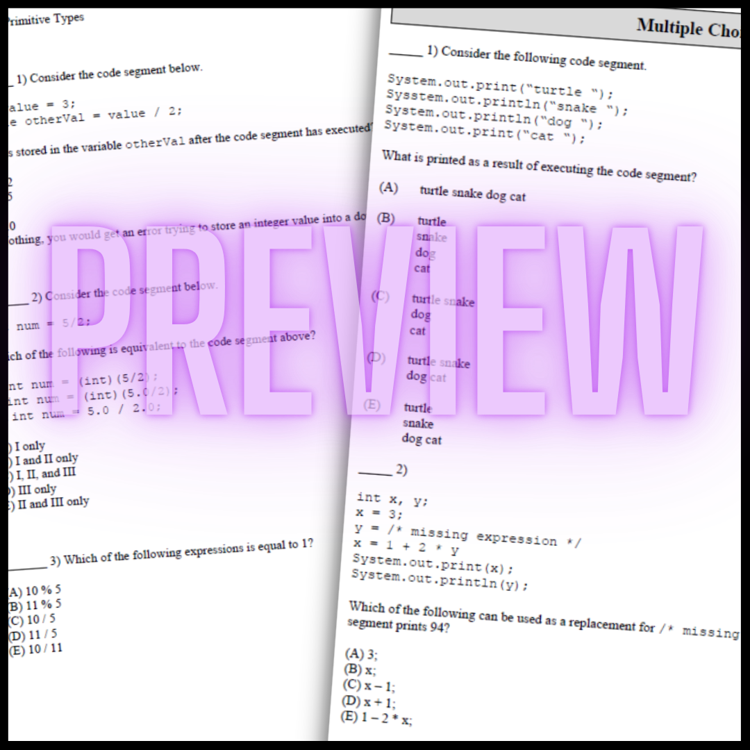 Goldie's AP® Computer Science A Unit 1: Primitive Types HOMEWORK