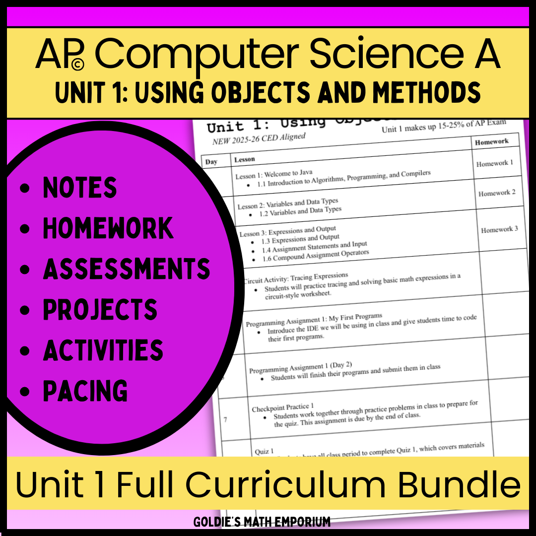 AP® CSA Unit 1: Using Objects and Methods | Goldie's Complete Curriculum