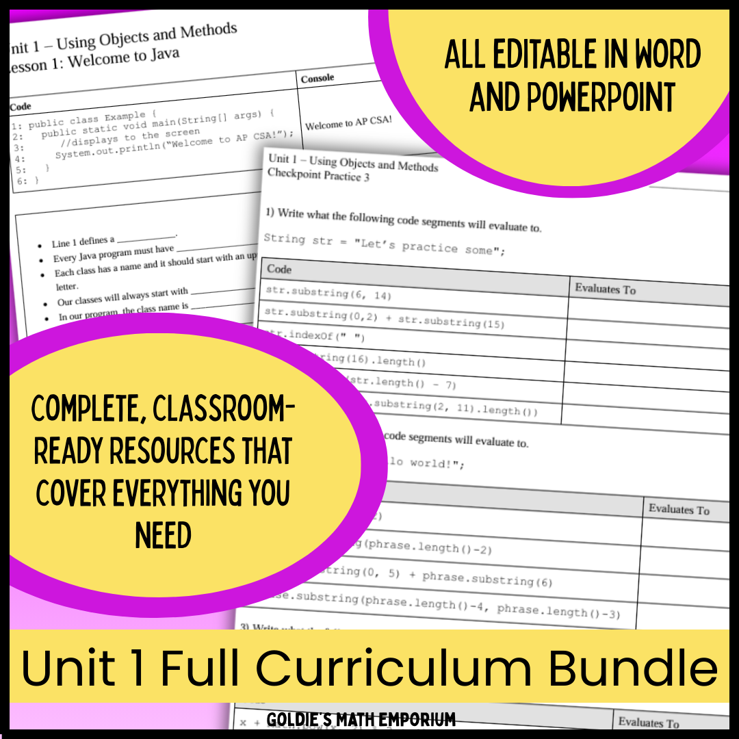 AP® CSA Unit 1: Using Objects and Methods | Goldie's Complete Curriculum