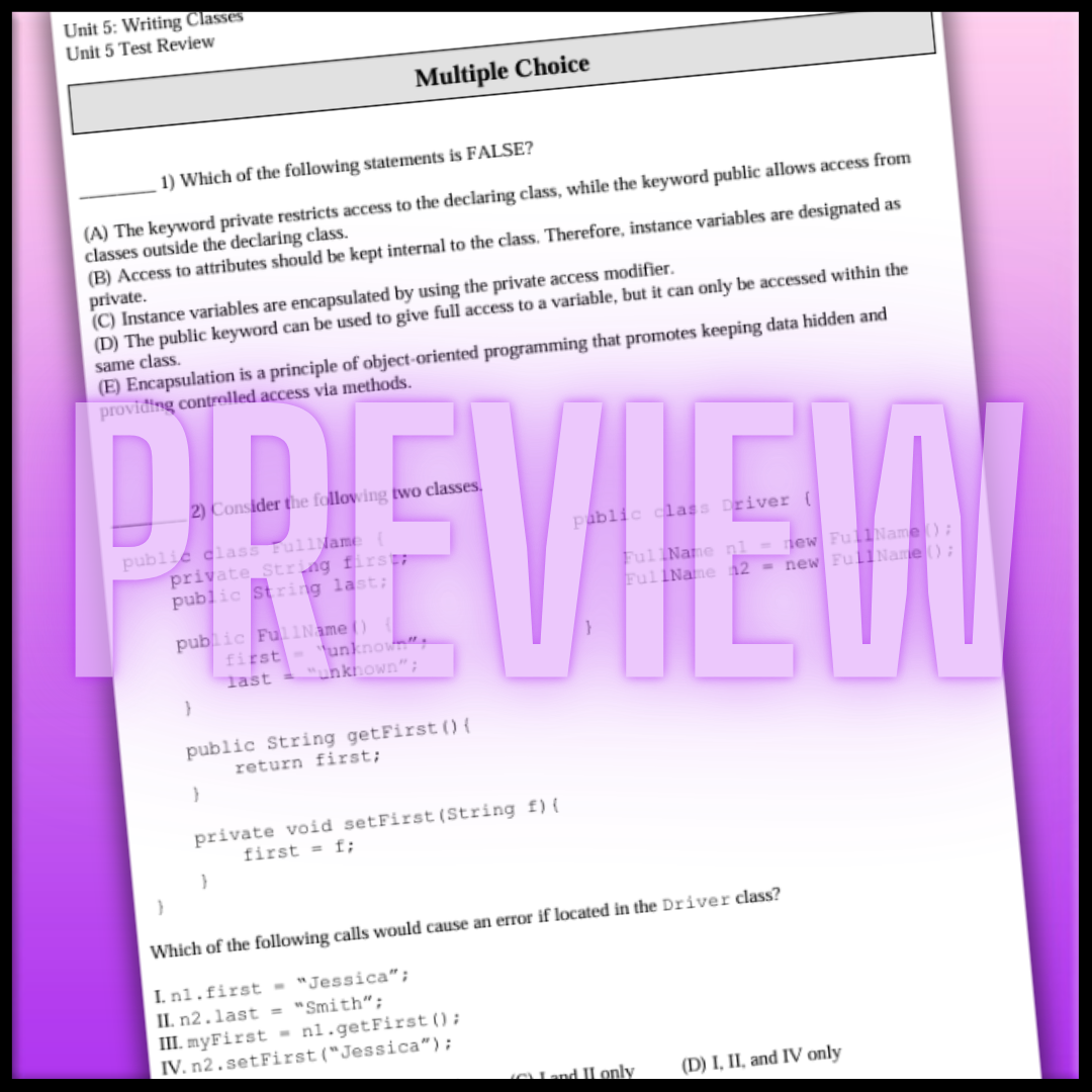 Goldie's AP® Computer Science A Unit 5: Writing Classes HOMEWORK