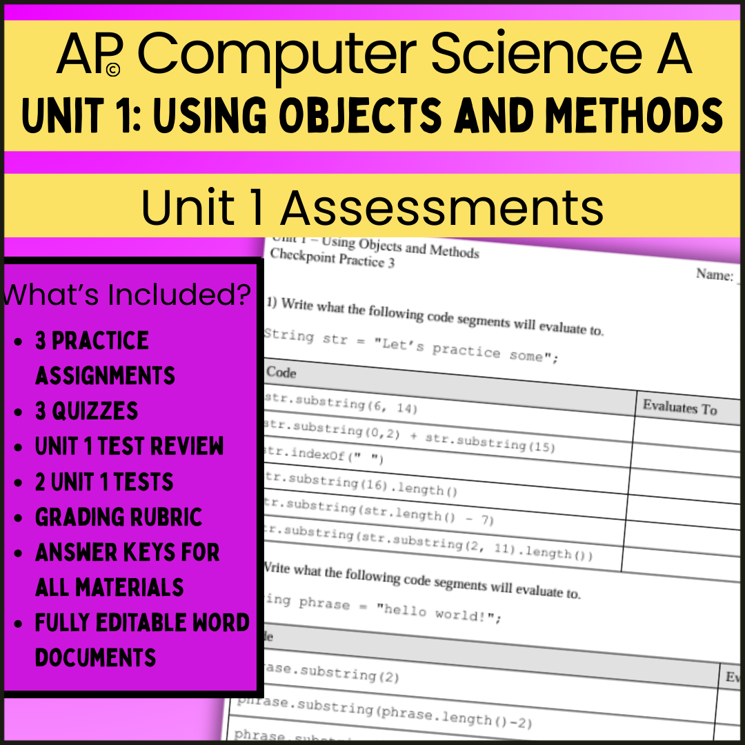 AP® CSA Unit 1: Using Objects and Methods | Goldie's Assessments