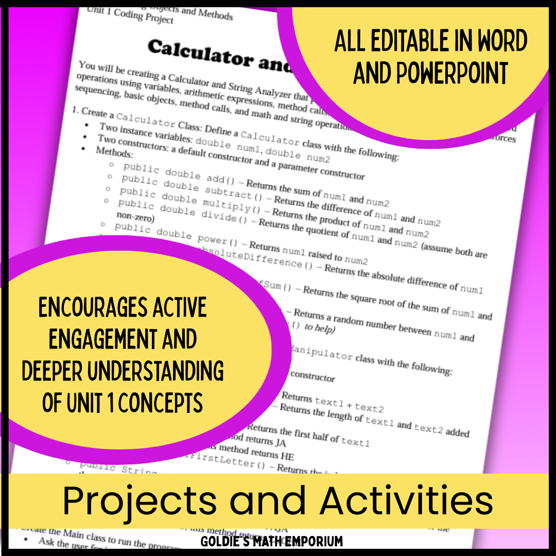 AP® CSA Unit 1: Using Objects and Methods | Goldie's Projects & Activities