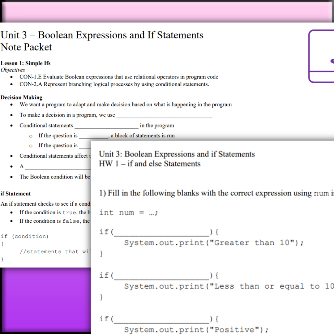 Goldie's AP® Computer Science A UNIT 3 PLANS - If Statements