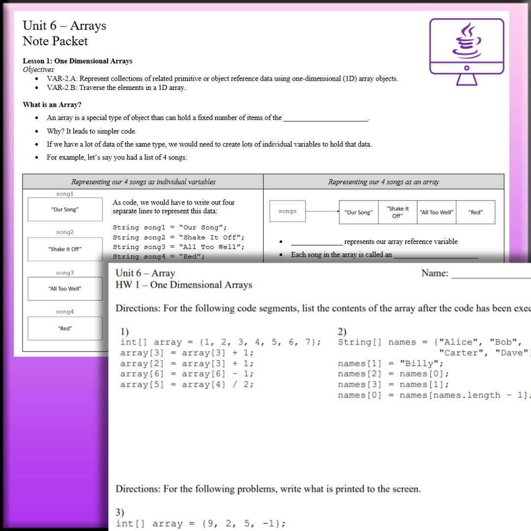 Goldie's AP® Computer Science A UNIT 6 PLANS - Array