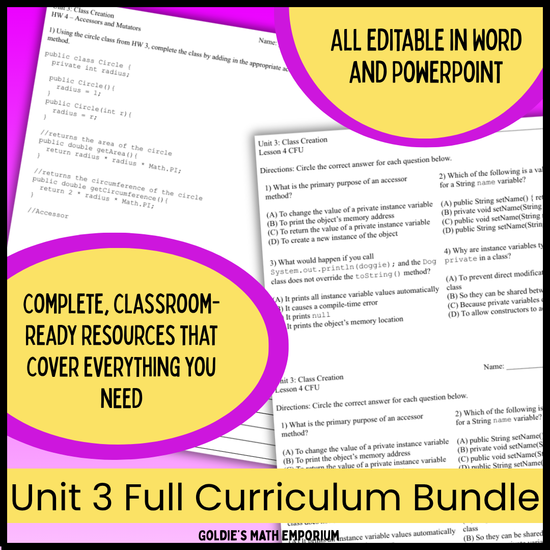 AP® CSA Unit 3: Class Creation | Goldie's Complete Curriculum