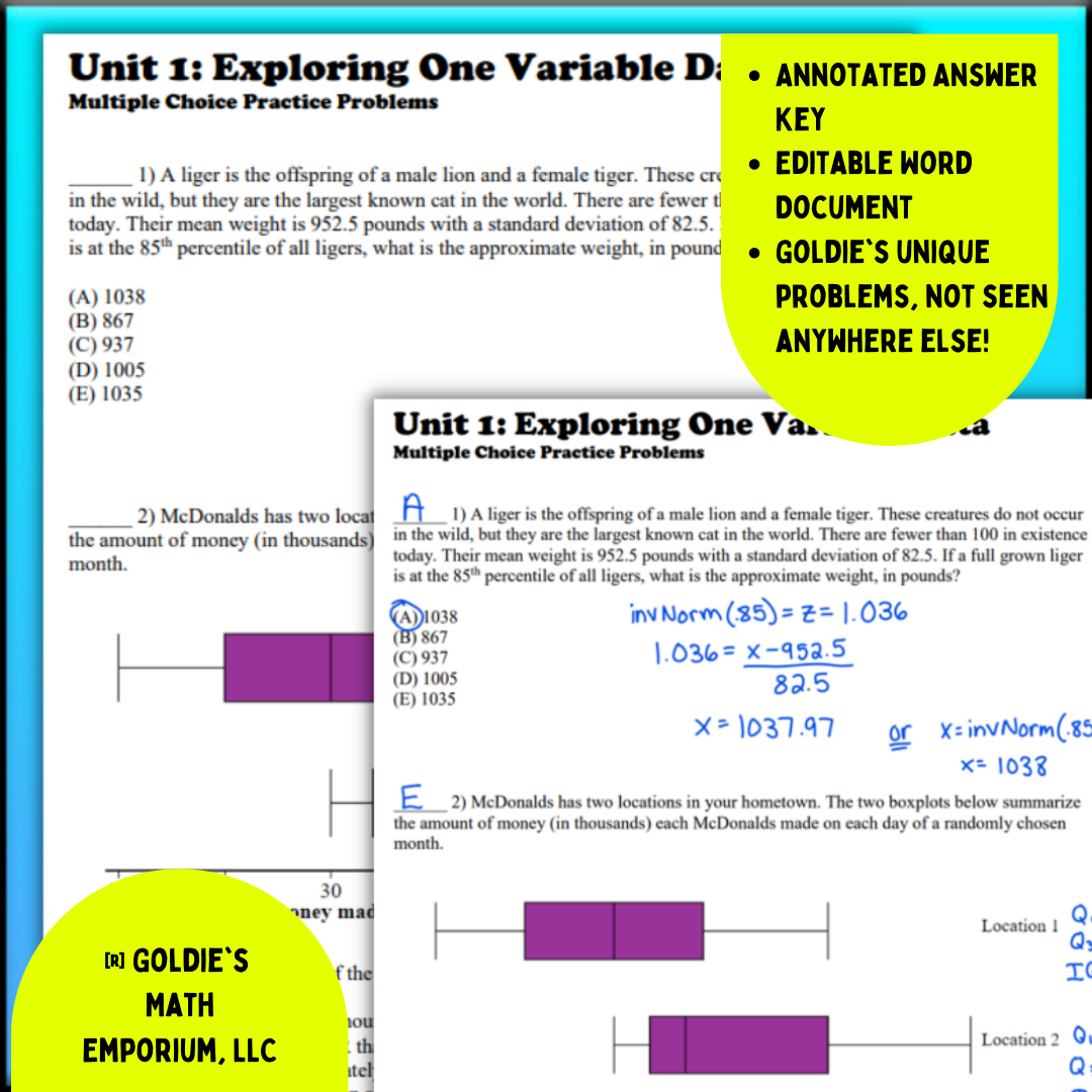 Goldie's AP® Statistics Multiple Choice Questions Bundle