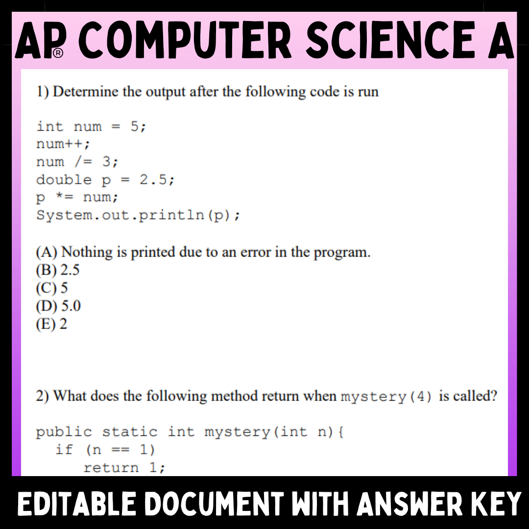 Goldie’s Multiple Choice Question Packet for AP® Computer Science A ...