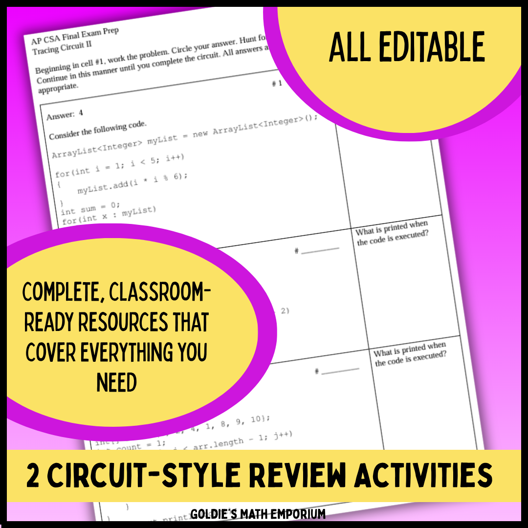 AP® Computer Science A | Goldie's Circuit Review Activities | AP Exam Test Prep