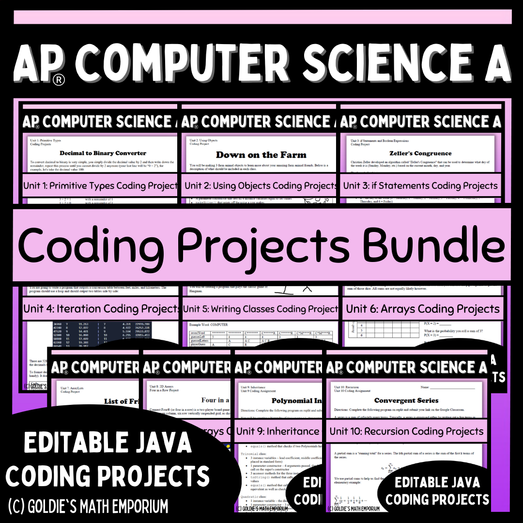 Goldie's AP® Computer Science A Coding Projects BUNDLE – Goldie's Math ...