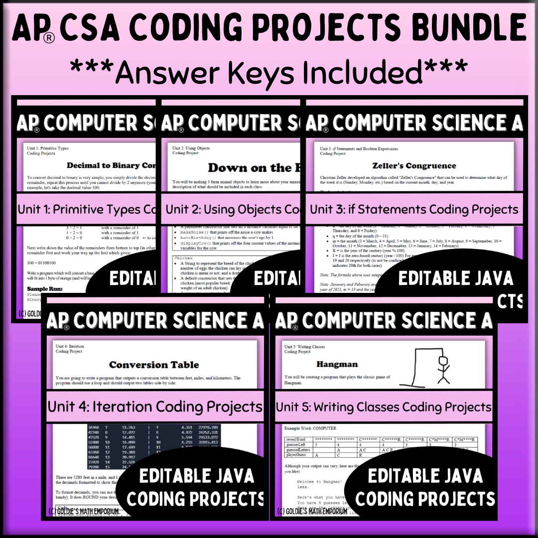 Goldie's AP® Computer Science A Coding Projects BUNDLE