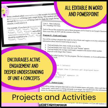 AP® CSA Unit 4: Data Collections | Goldie's Projects & Activities