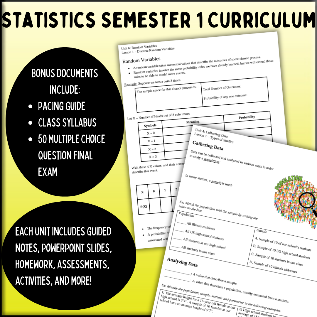 Statistics: Semester 1 Curriculum Bundle (Units 1 - 6)