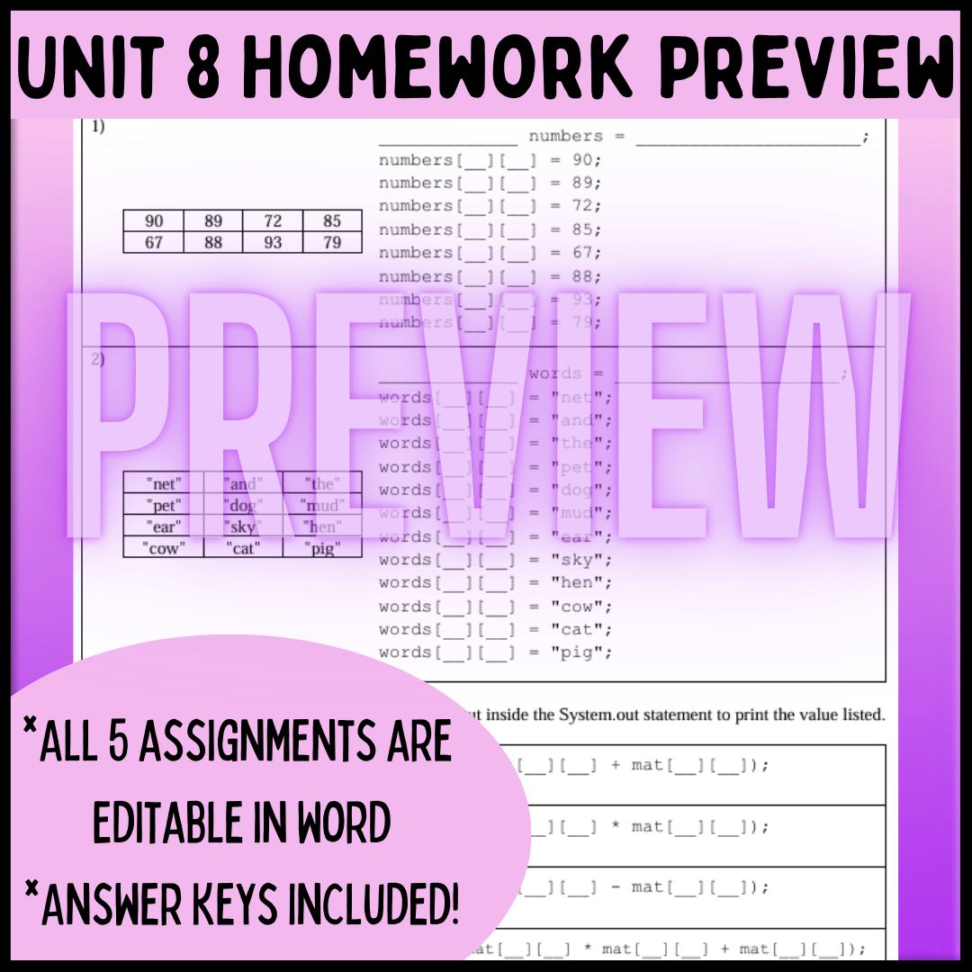 Goldie's AP® Computer Science A Unit 8: 2D Arrays HOMEWORK