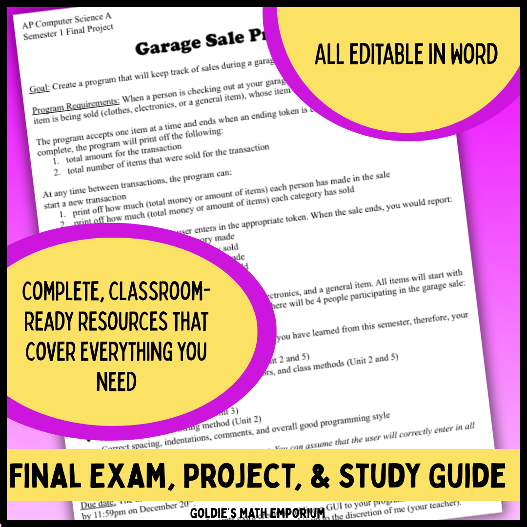 AP CSA Semester 1 Final Exam Bundle | Goldie's AP CSA Curriculum Resource