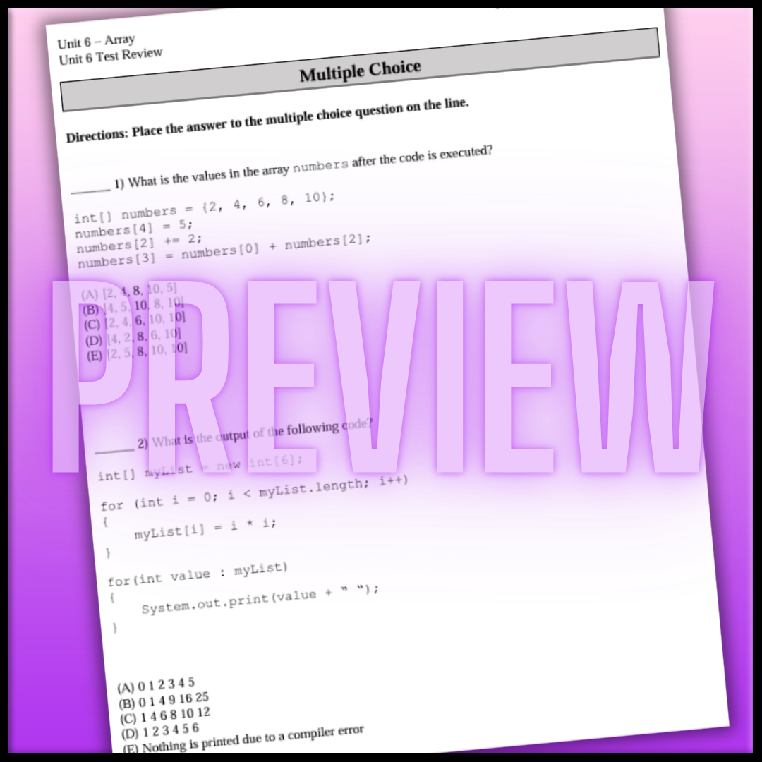 Goldie's AP® Computer Science A Unit 6: Arrays HOMEWORK