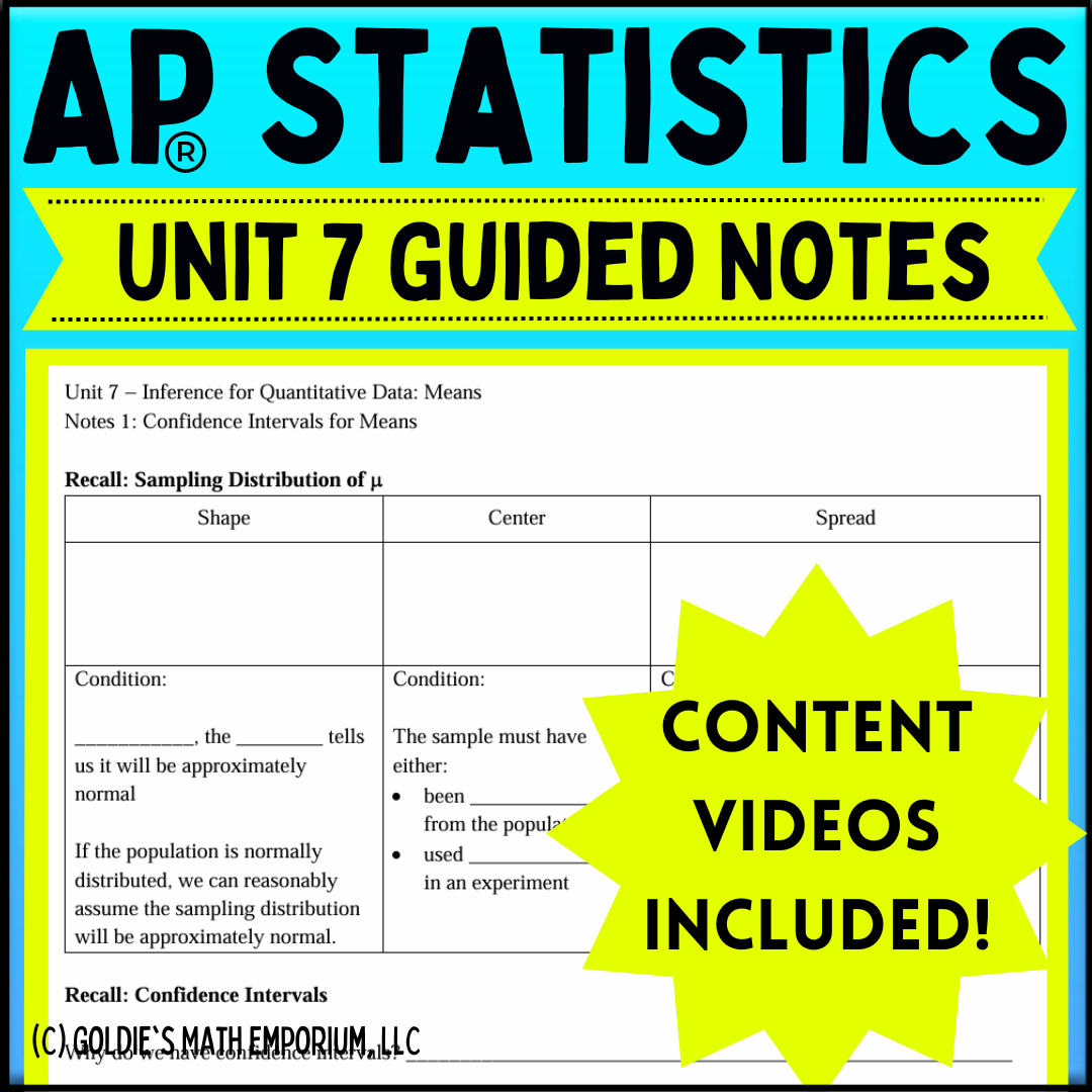 Goldie’s Unit 7 - Inference for Means - GUIDED NOTES for AP® Statistic ...