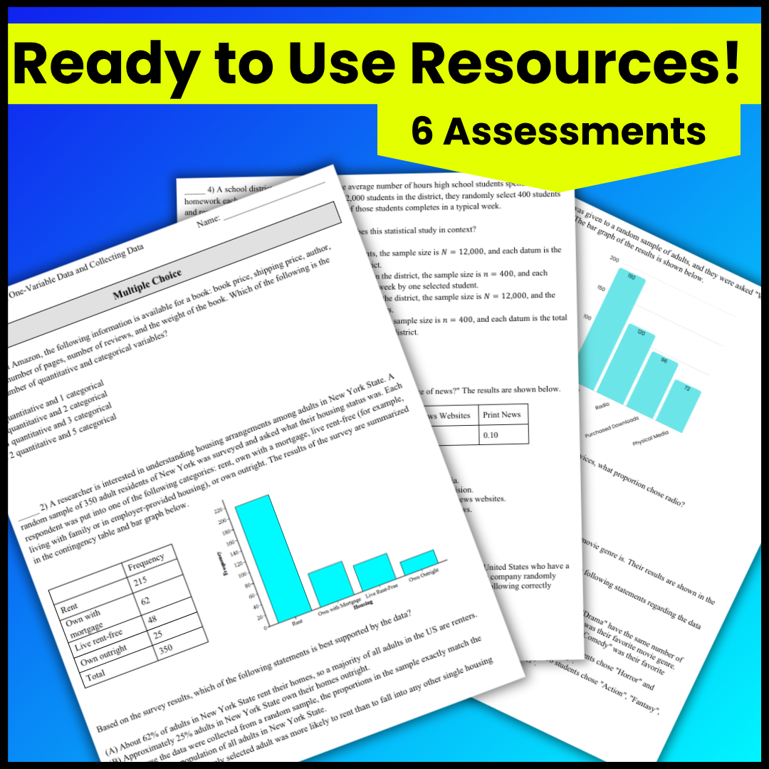 Goldie’s Unit 1 Assessments for AP® Statistics | Exploring One-Variable Data and Collecting Data