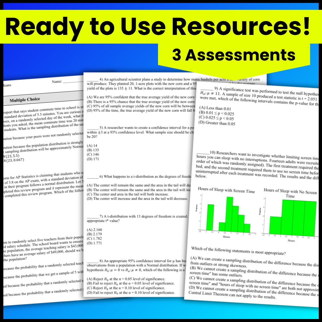 Goldie’s Unit 4 Assessments for AP® Statistics | Inference for Means